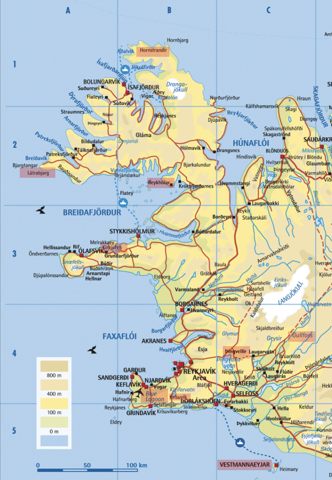 Karte von Südwestisland mit Reykjavík, Fjorden, Straßen und Höhenstufen.